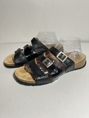 Think EUC Black Leather/Patent Mizzi Adjustable 3 Strap Slip On Sandal 42 11 US